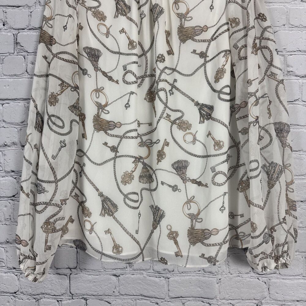 White House Black Market Cream Chain Print Long Sleeve Chiffon Blouse Women's L - Picture 3 of 13